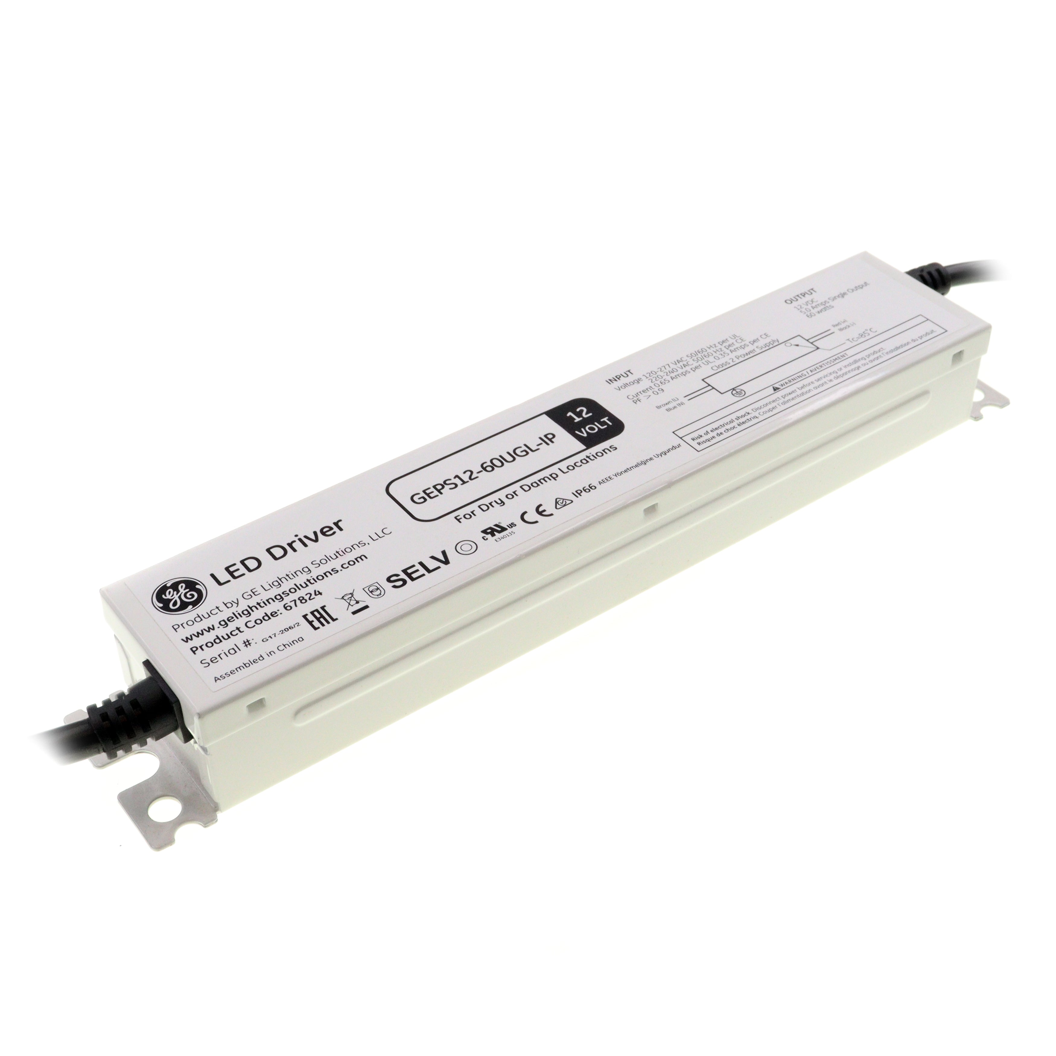 GE LIGHTING GEPS12-60UGL-IP 67824 LED DRIVER, 120-277VAC, 12VDC, 60W